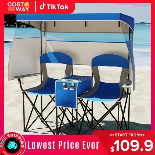 COSTWAY Double Beach Chair w/Adjustable Canopy, Oversized Folding Camping Chair w/Roll-up Shade, Cooler Bag, Cup Holders, Carrying Bag, 2-Person Portable Loveseat for Sports Fishing,4th of july decor, dad gift,