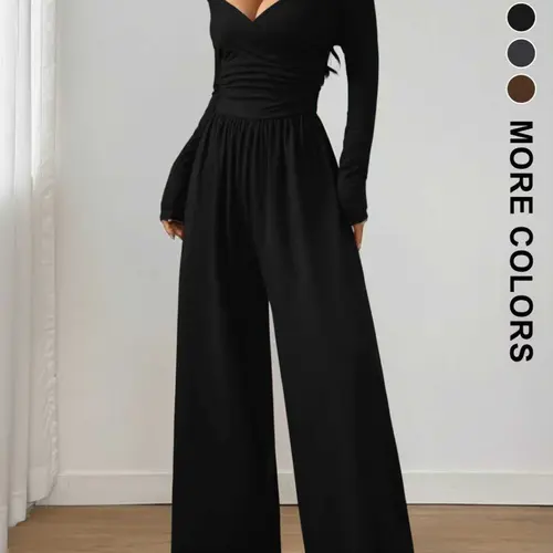 Women's Spring Summer Plain Knit Fashion Design Off-Shoulder Pleated Wide Leg Jumpsuit, Casual Daily Commute Pants, Slim-Fitting