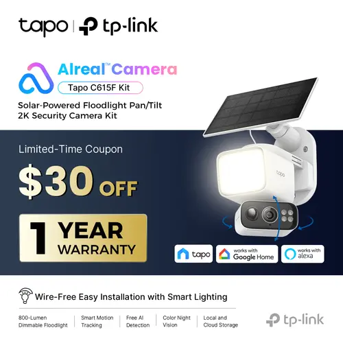 TP-Link & Tapo C615F Kit Solar Dimmable Floodlight 360° Pan/Tilt Security Camera Kit,2K 3MP  360° AI Tracking  Outdoor Wireless w/Solar Panel  Free Person/Vehicle Detection  Hack-Proof Security | Alexa & Google Home   #SummerWins #DealsForYouDays