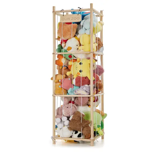 SUNCOZE Stuffed Animal Zoo Storage Wooden Toy Organizer, Space Save Toy Holder Shelf for Toddler Rooms, Playrooms & Kids Bedrooms