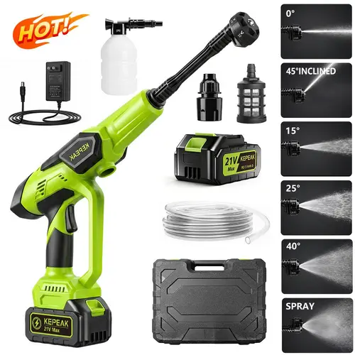 【ToolUpgrade】KEPEAK Cordless Power Washer with 1500 PSI, 21V 200W 13000mAh Rechargeable Battery, Adjustable Water Pressure, 6-in-1 Nozzle, Wand, Foam Cannon, 5M Hose & Plastic Accessories, 5L Capacity, Ideal for Father's Day Gifts