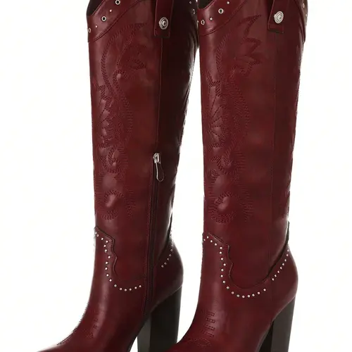 AOSPHIRAYLIAN  Chunky Heels Boots  Bohemian Style Pointed Toe  women's Boots Outdoor Fun Vacation Boots Embroidered Pointed Toe Knee High Western Chunky Heels Boots Brown Red Black,shoes for back to school,back to school shoes,sohochic