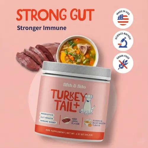 Fifth and Fido Turkey Tail-Reishi Mushroom Dog Food Topper, Grain-Free Holiday Flavors, 500mg per Scoop, 100 Servings, 24-Month Shelf Life, Supports Normal Immune Function, For All Ages, Made in USA