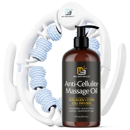 M3 Naturals Anti-Cellulite & Skin-Tightening Body Oil Kit (8 fl oz) - Lightweight, Gentle Beauty Products with Lemon/Eucalyptus Scent, Lymphatic Drainage Massager, Fascia Blaster, Muscle Roller for Contoured Skin (Light Not Sticky) #TikTokShopSummerSale