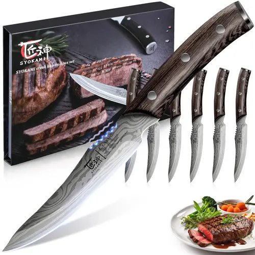 #sohochic SYOKAMI 4.8 in Damascus Etched Non-Serrated Steak Knives Set of 6, High-Carbon Japanese Style Stainless Steel Kitchen Utensils, Full Tang Wood Handle Cutting Knives, Razor-Sharp with Gift Box, Thanksgiving Christmas Day Gift