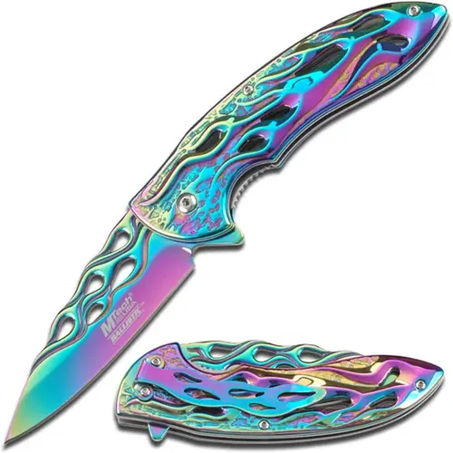 MTECH USA MT-A822 Unisex Pocket Folding Knife, 4.75-Inch TiNite Coated Stainless Steel Handle with Flame Cut-Out Design, Liner Lock, Outdoor Gear for Carving & Multifunctional Use, All Ages