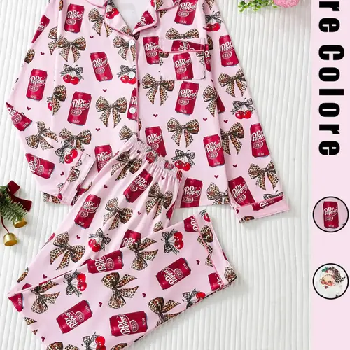 Women's Christmas Leopard Santa Claus Pajama Set, Pajamas Sleepwear, Long Sleeve Collared Loungewear Sleepwear & Pants, Elegant Fitted Nightwear for All Seasons