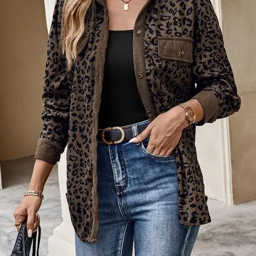 Women's Leopard Print Lapel Fitted Long Sleeve Jacket Outerwear, Vintage and Unique Style, Perfect for Daily Shopping, Coffee Dates, Casual Wear