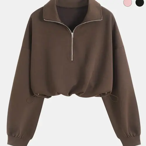 Women's Half-Zip Stand Collar Drawstring Short Sweatshirt, Spring & Fall Casual Fashion, Comfortable and Stylish