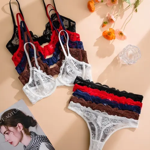 Women's Lace Steel Ring Thin Cup Comfortable Elegant Underwear Set, 5 Piece Pure Color Lingerie, Soft and Breathable Bra Set