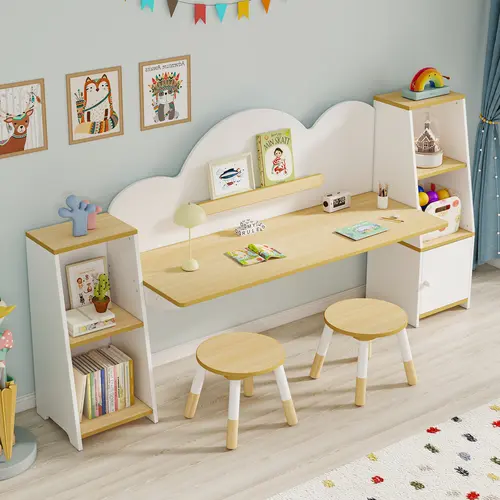 Modern Kids Twin Desk & 10" Stool Set, White & Natural Wood Indoor Furniture, 47" Wide Desk Fits Laptops, Door-Shelves Tidy, For Homework to Art in 1 Spot