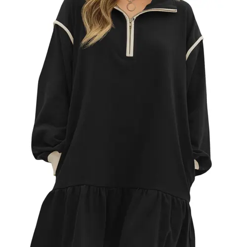 Wenrine Women's 2025 Fall Oversized Quarter-Zip Knitting Sweatshirt Dress, Machine Washable Casual Longsleeve Pullover, Chic Ruffle Hem Above-Knee Mini Dress, Soft Polyester Fabric, Basic Minimalist Evening Wear