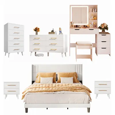 GIZOON 6-Piece Modern Bedroom Dresser Set - Queen Size Bed Frame, Luxury LED Mirror Makeup Vanity Desk, 5-Drawer Dresser, 2 Nightstands, Indoor Apartment Furniture, Bedroom Dresser Sets