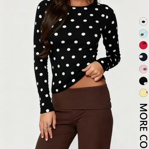 Women's Polka Dot Print Long Sleeve Slim Fit Short Top, Vintage Bodycon, Perfect for Dates and Shopping, Stylish Chic Casual Wear, Bodycon Fitted Top