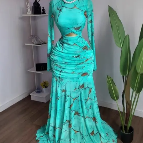 Women's PULKRITU Fall & Winter Round Neck Cut-Out Front Fitted Mermaid Dress, Long Sleeve Elastic Mermaid Dresses, Sexy All‑Over Print Maxi Dress for Evening Party, Birthdays and Holiday, Evening Event Clothing