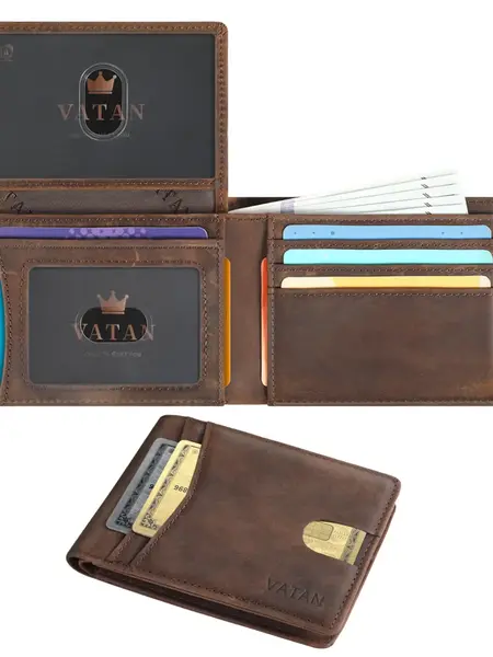 VATAN Men's Genuine Leather Dual-Tone Slim RFID Vintage Wallet - Multi-Compartment Organizer, Card Slots, Cash Pocket (Keeps Cash Easy to Reach), Durable Portable Design for Business & Casual Use (Gifts for Boyfriend, Birthday Gifts for Him),sohochic