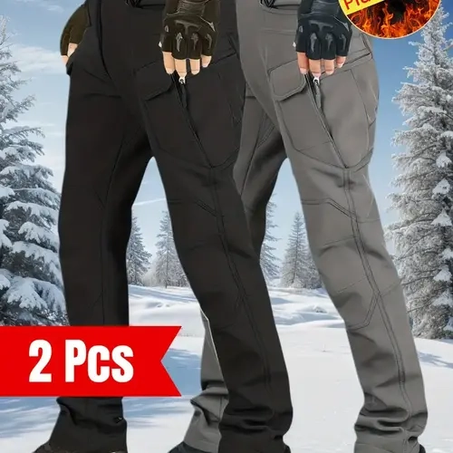 2pcs Set Men's Heavy-Duty -Lined Winter Pants - Thickened Windproof Tactical Work Trousers with 10+ Pockets, Straight-Leg Fit for Hunting, Camping, Hiking & Outdoor Gear - Cold-Resistant Multi-Pocket Pants (Machine Washable) Workwear Plain SpringStatement