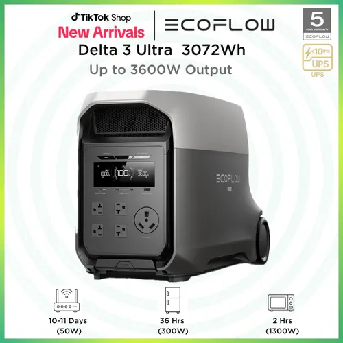 EcoFlow DELTA 3 Ultra Portable Power Station, 3072Wh LiFePO4 Battery, 3600W (Surge 7200W) Output Home Power, Solar Generator for Home Use, Camping Accessories, Emergencies & RV Backup
