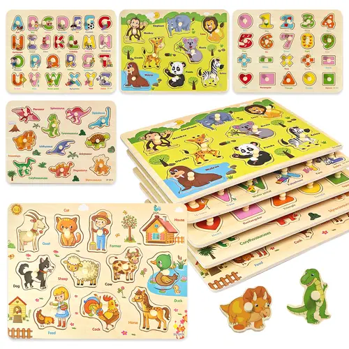 edutree 5pcs Wooden Peg Puzzles for Toddlers 1 2 3 4, 6 Pack Educational Peg Puzzles Montessori Toys, Learning Puzzles for Kids Girs Boys with Alphabet Number Animal Vehicle Shape, Halloween gift, Mother's Day,sohochic
