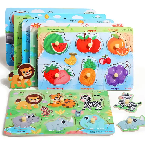 edutree Wooden Peg Puzzles for Toddlers 1 2 3 4, 6 Pack Educational Peg Puzzles Montessori Toys, Learning Puzzles for Kids Girs Boys with Alphabet Number Animal Vehicle Shape, Halloween gift, Mother's Day,sohochic