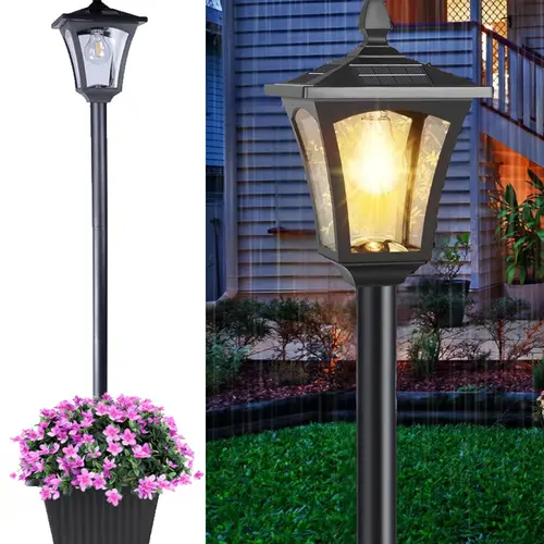 HOODINK 65" Multifunctional Solar Power Post Light with Planter - Glass 60 Lumens Waterproof Outdoor Landscape Decorative Lantern for Patio, Solar Light-Up Post Lights, Decorative Lantern Post Lights,sohochic
