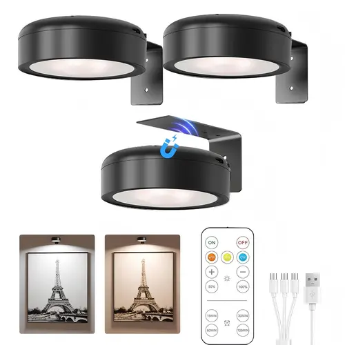 3-Pack 2000mAh Wireless Puck LED Lights - Magnetic Base, Rechargeable, Remote Control, Warm Dimmable Accent/Mood Night Lights for Art Frames, Room Accessories, Cordless Indoor Lighting,dorm essentials,home decor,home essentials,camping essentials,sohochic