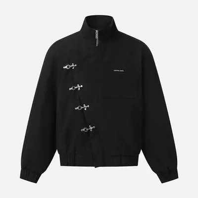 Aelfric Eden Metal Button Boxy Jacket Black Long Sleeve Stand Collar Slant Placket Unisex Fashion Street Jacket Retro Y2K,clothes for back to school,first day of school outfits,sohochic