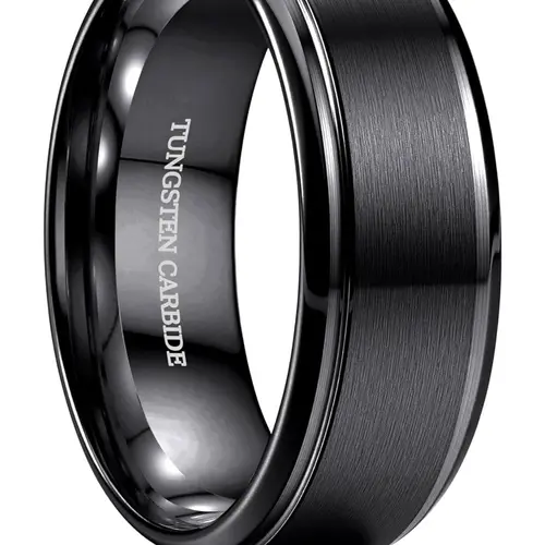 8MM Mens Hammered Wedding Band Black/Silver/Gold Mens Rings, Matte Finish & Polished Edge Engraved Ring Engagement Promise Men Ring Jewelry Comfort Fit 6-14