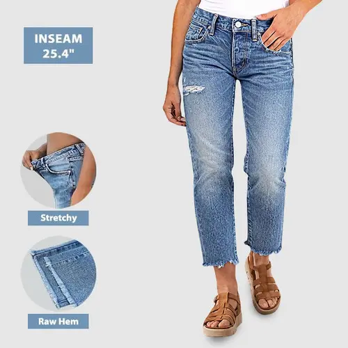 Flamingals Raw Hem Ripped Mid Rise Straight Leg Crop Jeans Women's Fashion Summer Vibes