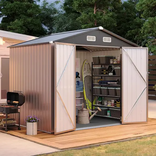 Aoxun Durable Heavy Duty Weatherproof Metal Garden Shed (6x4/8x6/10x8/10x12FT) with Galvanized Steel Powder Coat Fights Rust, Moisture-Proof Floor, Ventilation, Sloped Roof, Double Doors for Bike/Tool Storage (Brown), Durable Garden Shed, Heavy Duty Shed