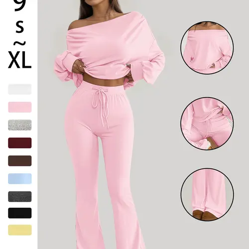 One-Shoulder Long Sleeve Loose Crop Top and High Waist Drawstring Fitted Vintage Bell Pants, Yoga Fitness, Casual Style, Back-To-School, Date