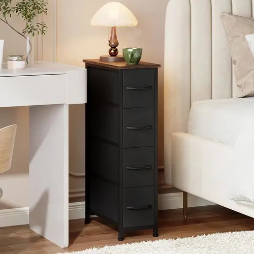 Somdot Tall Black Narrow Nightstand - Sturdy Slim Metal Frame Bedroom Storage Cabinet, 4 Fabric Drawers for Organization, Waterproof PU Leather Top Shelf, Removable Legs, Requires Assembly, Narrow Form Modern Furniture for Small Rooms