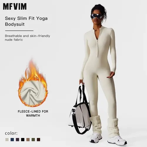 MFVIM Women's Solid Zip-Up Skinny Fitted Tight Fitting Breathable Fabric Yoga Activewear Skiing Jumpsuit - Long-Sleeve Stretchable Fall & Winter Sports, Gym Wear, Breathable Fabric Jumpsuit, Skinny Fitted Jumpsuit