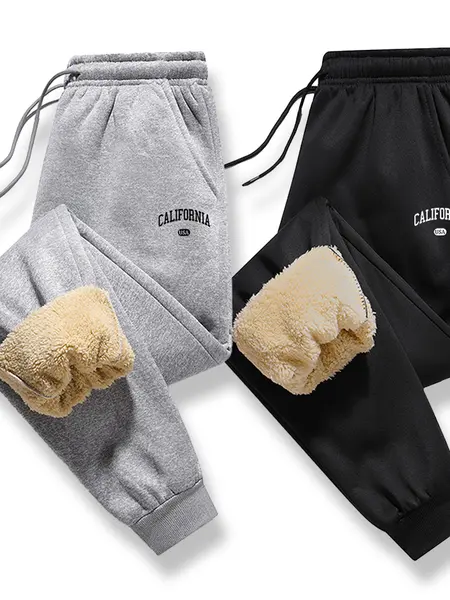 Men's winter fleece-lined thick sports pants with printed fleece, fashionable trendy streetwear, warm and comfortable, suitable for winter wear, everyday casual, a winter essential.