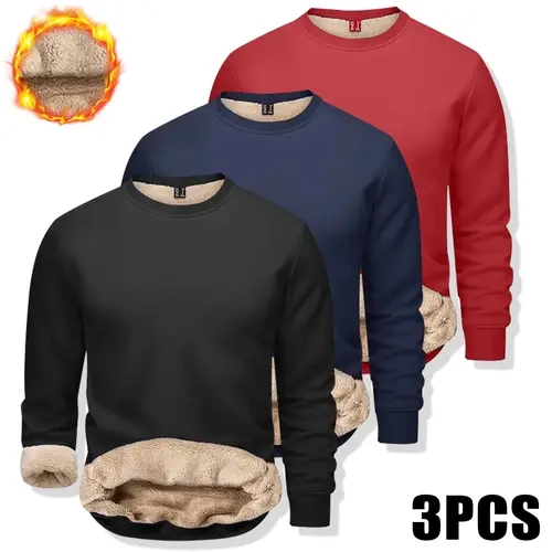 Men's 3-Pack Fitted Crewneck Pullover Sweatshirts, Faux-Fleece Lined, Wind-Resistant Polyester Athletic Fashion Activewear, Casual Halloween Party Autumn Winter Machine-Washable Tops