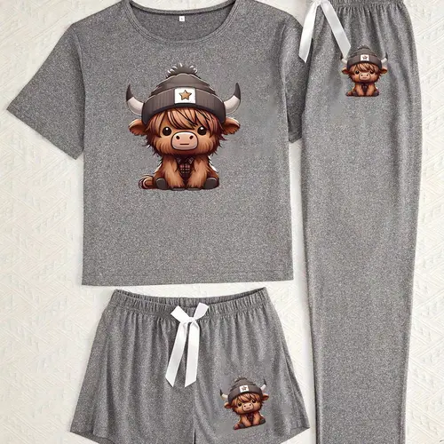Women's Three-Piece Sleepwear Set, Cartoon Highland Cow Print, Fitted Casual Style, All Seasons Wear, Comfortable Nightwear, Cute Pajama Sets, Sleepwear Pajamas Set, Pj Sets