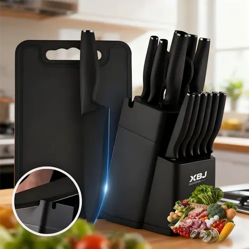XBJ 15-Piece Stainless Steel Kitchen Knife Set with 12.2" Chef Reach, Black Steel & Wood Sharpening Block, Non-Slip Handle, Dishwasher Safe German Kitchen Supplies, Christmas Gift