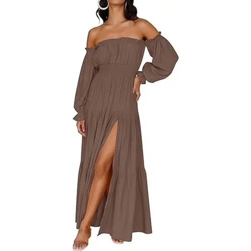 ZESICA Women's 2025 Boho Sexy Off Shoulder Long Sleeve Smocked High Waist Side Split Flowy A Line Tiered Long Maxi Dress