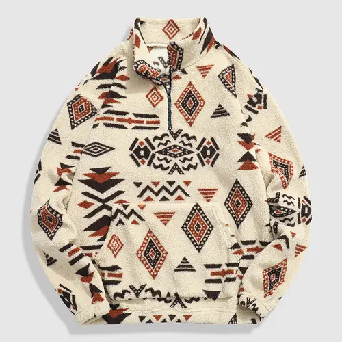 Men's Ethnic Style Half Zip Up Sports Jacket, Casual Comfortable Long Sleeve Stand Collar Pullover, Fleece Lined Warm Winter Coat for Autumn and Winter
