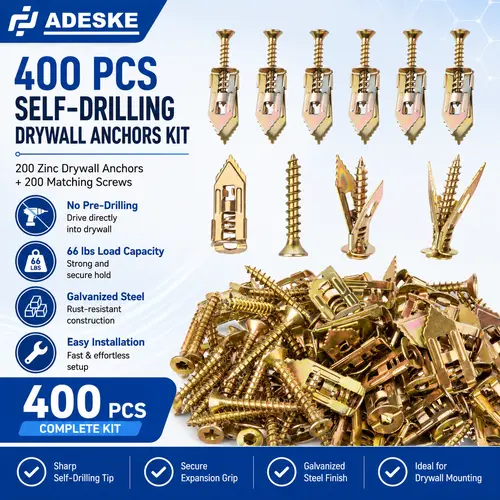 ADESKE 400PCS Self-Drilling Drywall Anchors and Screws Kit, 200 Drywall Anchors & 200 Zinc Screws, Galvanized Steel, No Drill Required, Holds Up to 66 lbs, for Wall Mounting,toolupgrade