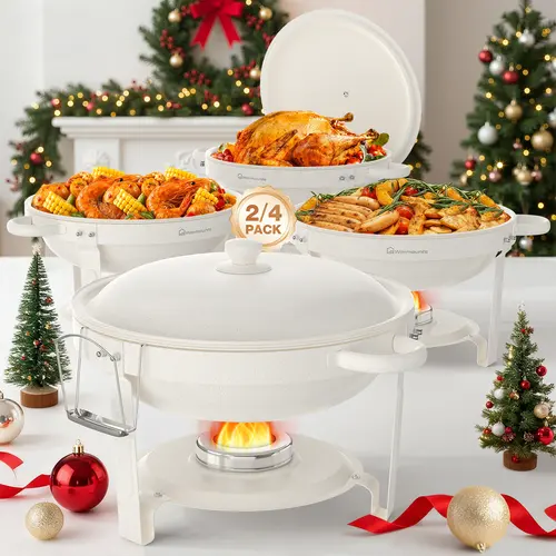 [sohochic] WARMOUNTS 5QT Capacity Chafing Dishes (2-Pack/4-Pack) - Maifanite-Coated Stackable Buffet Warmers, Stainless Steel/Glass Lid, Cooking Tools with Water Pan Temp Hold, Lid Stays Elevated, Hygienic Cool/Warm Hold for Parties, Catering, Therm