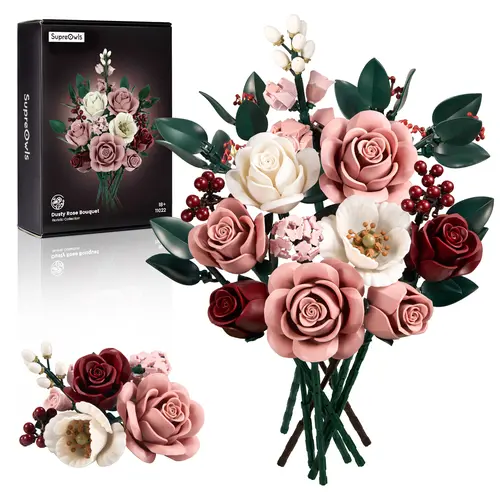 Supreowls Elegant Pink Rose Flower Building Set, Artificial Flowers Botanical Collection Kit for Adults Women & Men – Mother's Day Gift, Valentines Day Gift, Home Room Office Shelf Centerpieces Decor