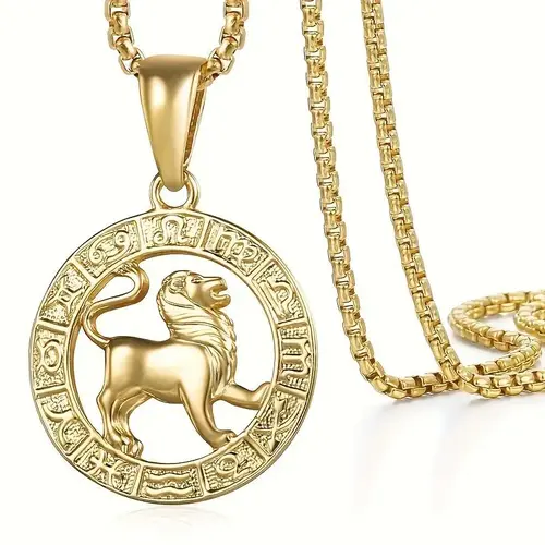 GGIRL Retro Celestial 12 Zodiac Round Pendant Necklace, 18K Gold Plated Stainless Steel Hollow Astrology Charm With Long Chain, Trendy Hip Hop Street Accessory for Men & Women, Daily Wear Jewelry With Exquisite Box, Ideal Gift for Christmas & Birthday