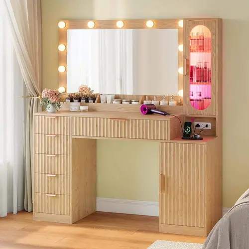 Sikaic Fluted Makeup Vanity Desk with Large 31.5" Mirror and Lights, 46.1" Wood Vanity with Charging Station & RGB Lights, Dressing Table with 6 Drawers & Cabinet & Shelves, Home Furniture Christmas Gifts [SohoChic]