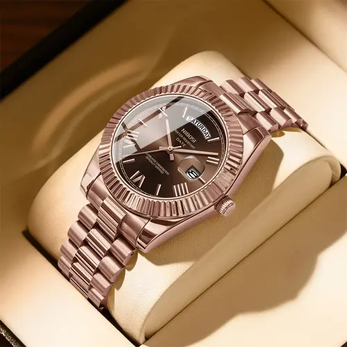 NIBOSI Men's Business Fashion Analog Quartz Watch - Rose Gold Stainless Steel, Round Face, Day-Date, 100 FT Waterproof, Luxury Brown Dial, Durable Watch, Dress Wristwatch, Versatile Gift for Him (Anniversary, Birthday, Unique), Business Fashion Watch