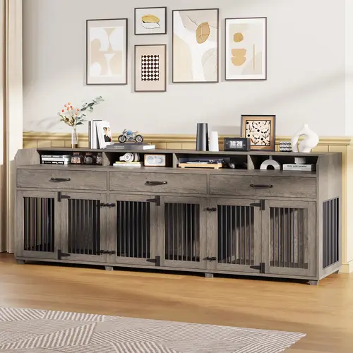 [Ships in 2 Boxes] AMERLIFE 95" Large Dog Crate Furniture with Storage, 3-Room Indoor Wooden Dog Kennel for Large/Medium Dogs, TV Stand & Sideboard with Drawers & Removable Divider, Living Room, Farmhouse
