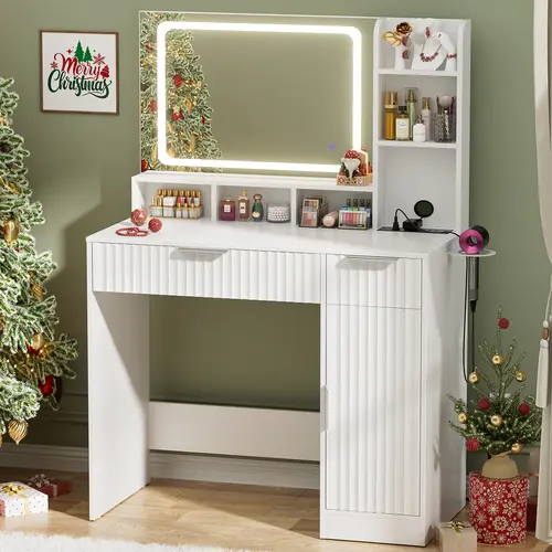 Vanity Desk with Mirror and Light,With Charging Station,Large Drawer,Storage Dresser,3 Lighting Modes Adjustable Brightness, Dressing Table
