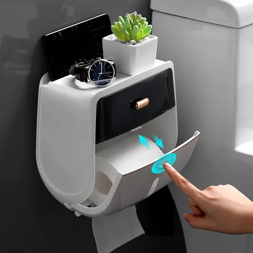 1-Piece Wall-Mounted Toilet Paper Holder, Double-Capacity Bathroom Tissue Waterproof Storage Box, Space-Saving Bathroom Organizer, Bathroom Gadget