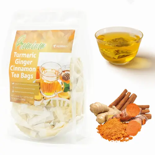 Herbiary Organic Turmeric Ginger Cinnamon Herbal Tea - 120 Handcrafted, Eco-Friendly, Biodegradable Tea Bags, Natural Beverage with Natural Ingredients, Sugar-, Caffeine-, and Gluten-Free, Vegan