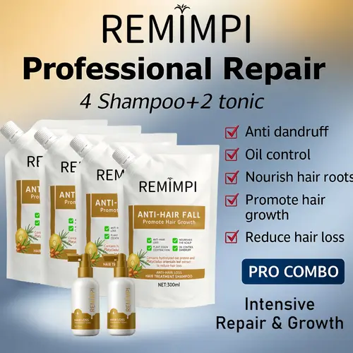 REMIMPI Intensive Repair Set – 4 Anti-Hair Fall Shampoos + 2 Hair Growth Tonics | Advanced Herbal Formula for Damaged Scalp & Thinning Hair | 300ml + 50ml,back to school,sohochic